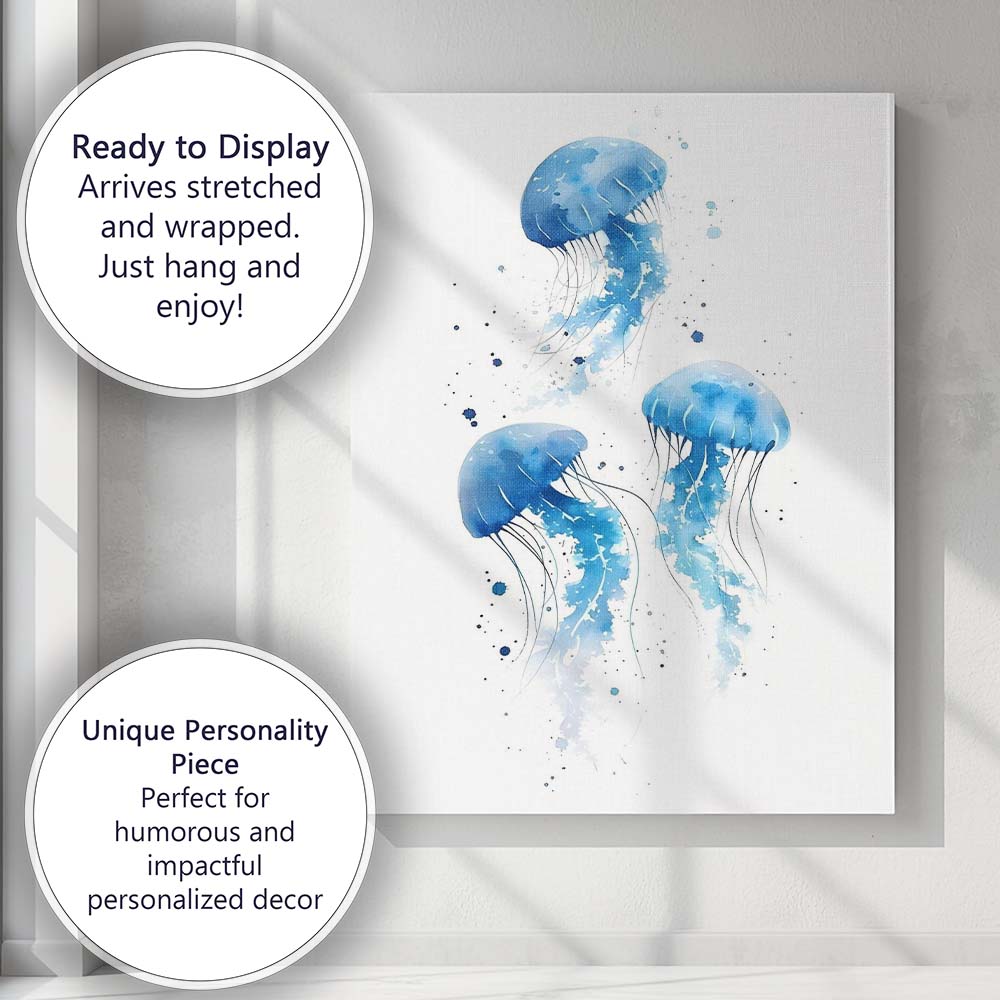 Minimal Blue Watercolour Jellyfish Trio Canvas Wall Art Print Decor Picture Ready to Hang