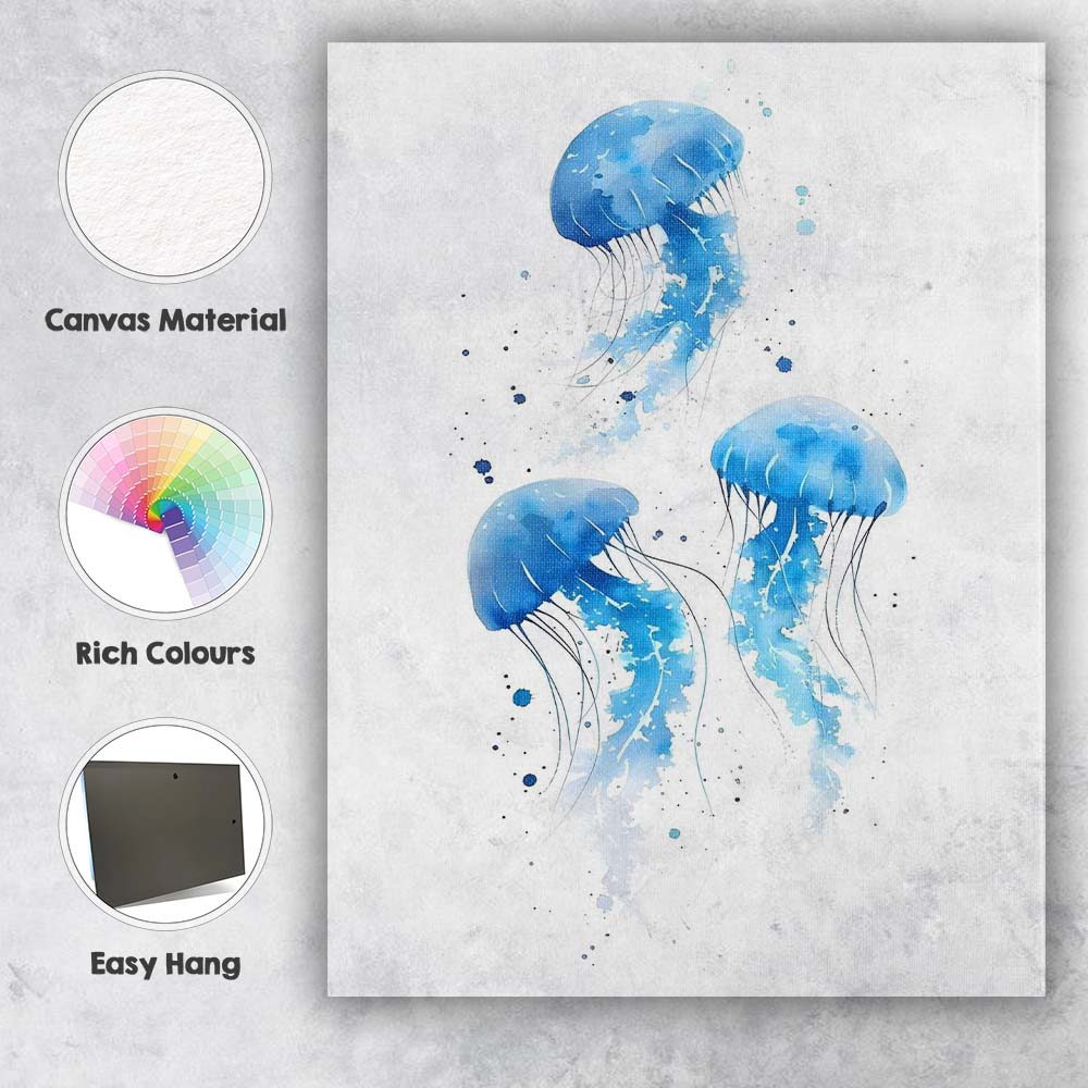 Minimal Blue Watercolour Jellyfish Trio Canvas Wall Art Print Decor Picture Ready to Hang