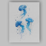 Minimal Blue Watercolour Jellyfish Trio Canvas Wall Art Print Decor Picture Ready to Hang