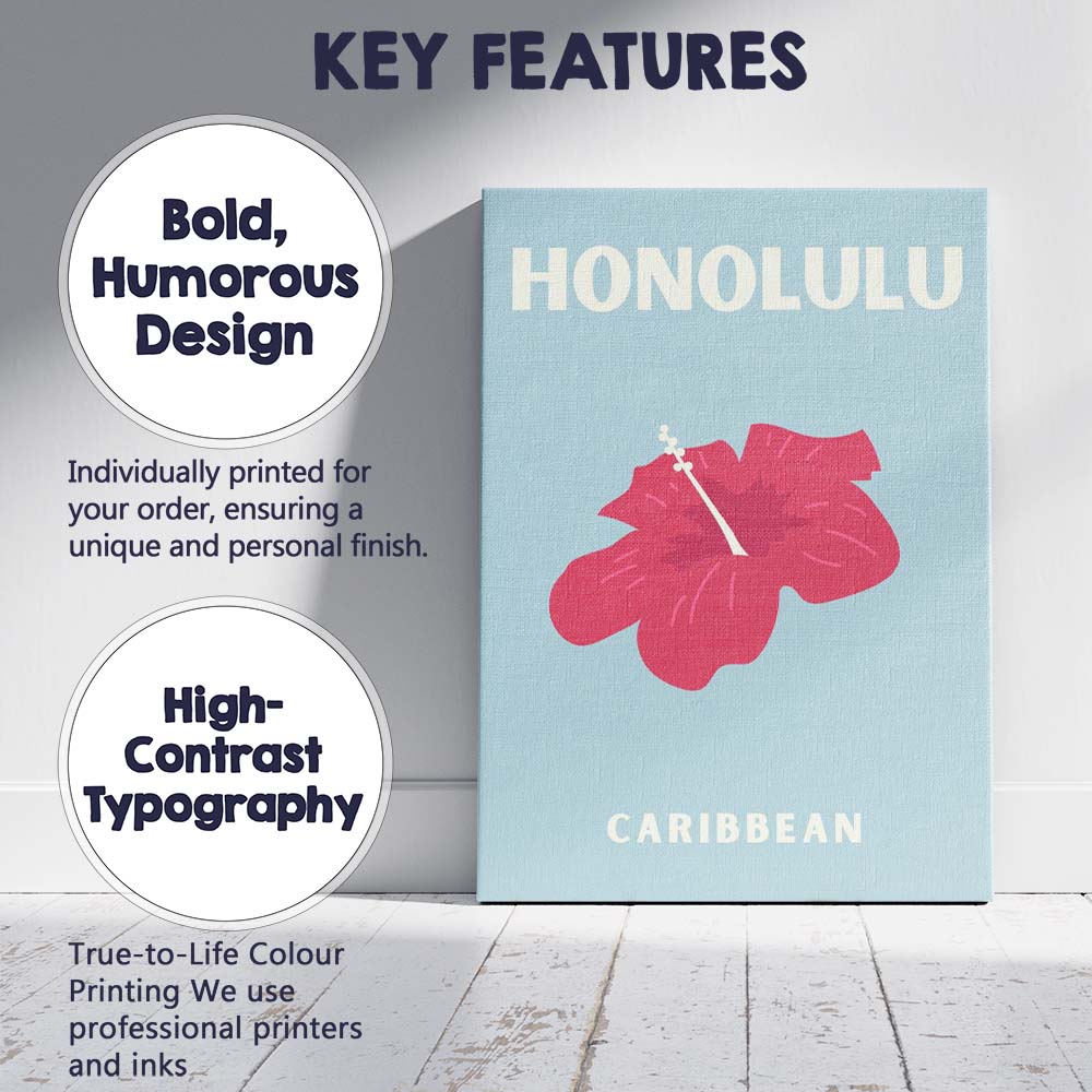 Honolulu Caribbean Tropical Hibiscus Typography Poster Canvas Wall Art Print Decor Picture Ready to Hang
