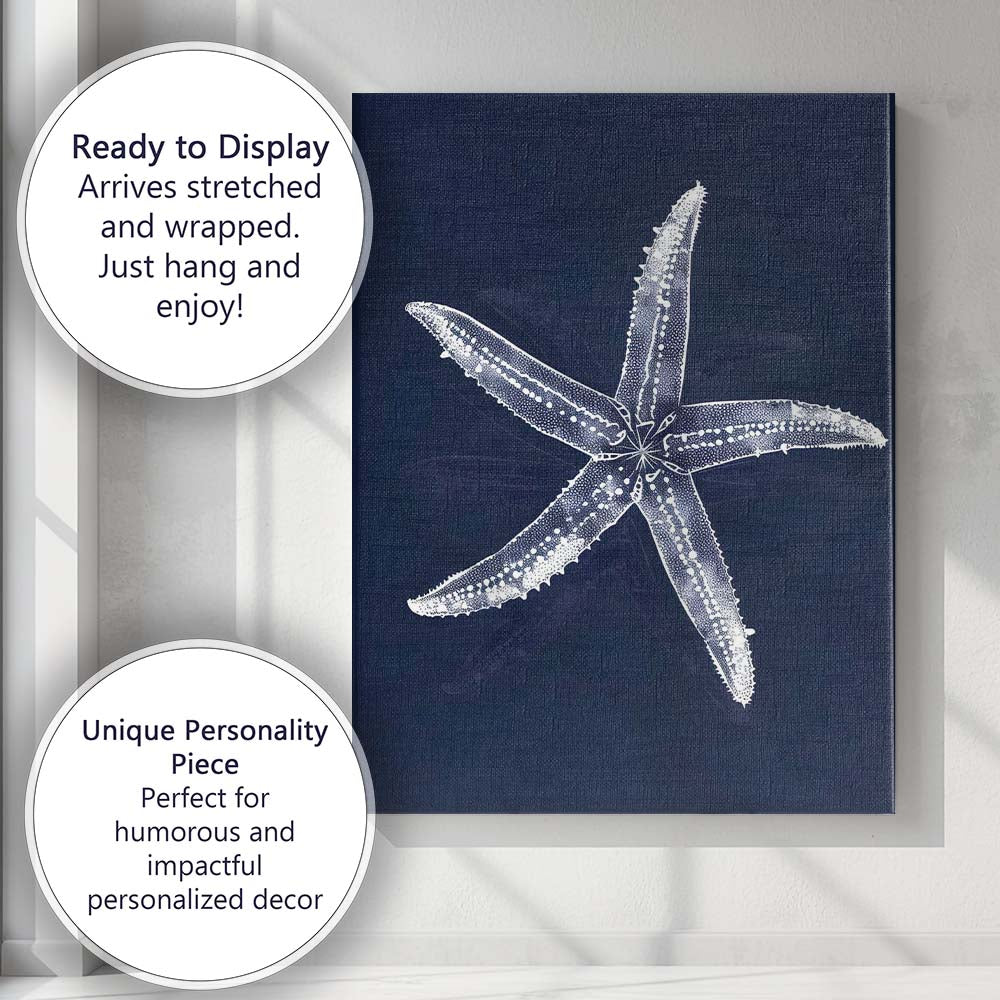 Navy Blue Detailed Starfish Coastal Nautical Illustration Canvas Wall Art Print Decor Picture Ready to Hang