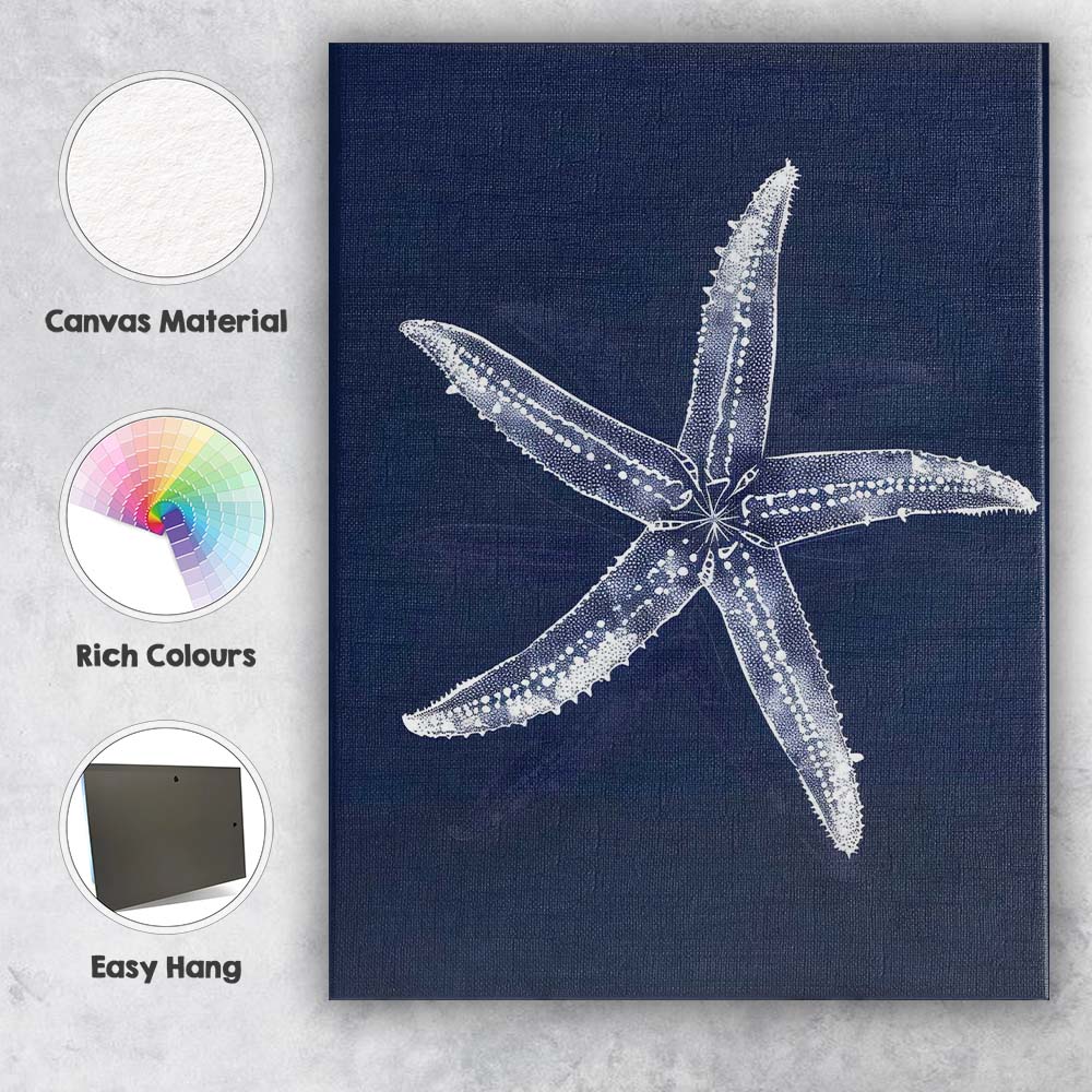 Navy Blue Detailed Starfish Coastal Nautical Illustration Canvas Wall Art Print Decor Picture Ready to Hang