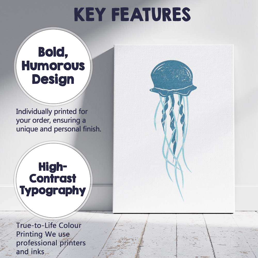 Minimal Blue Jellyfish Marine Life Illustration Canvas Wall Art Print Decor Picture Ready to Hang