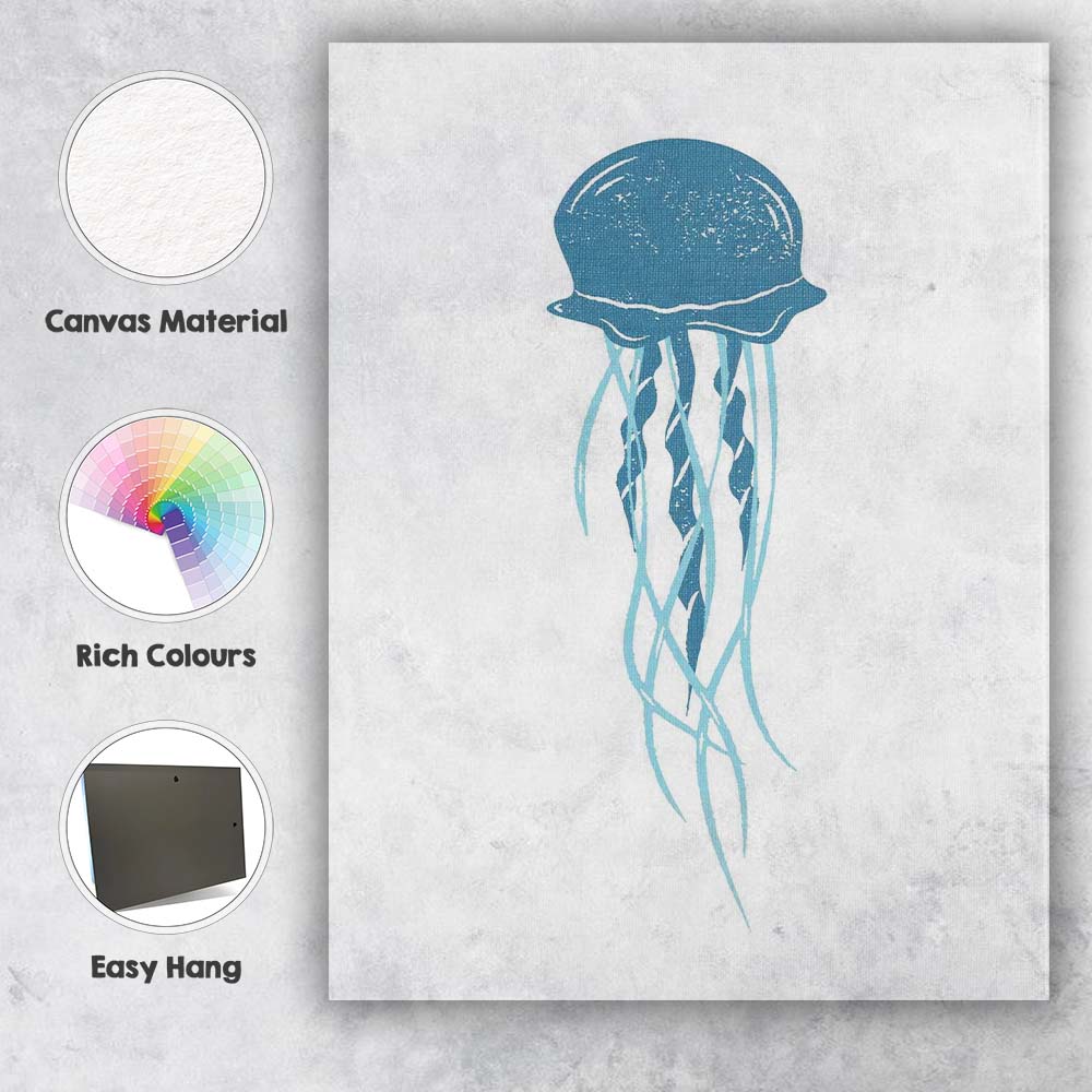 Minimal Blue Jellyfish Marine Life Illustration Canvas Wall Art Print Decor Picture Ready to Hang