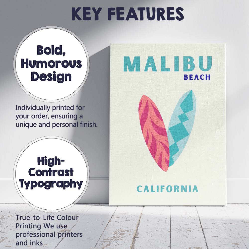 Malibu Beach California Surfboard Retro Travel Poster Canvas Wall Art Print Decor Picture Ready to Hang