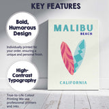 Malibu Beach California Surfboard Retro Travel Poster Canvas Wall Art Print Decor Picture Ready to Hang