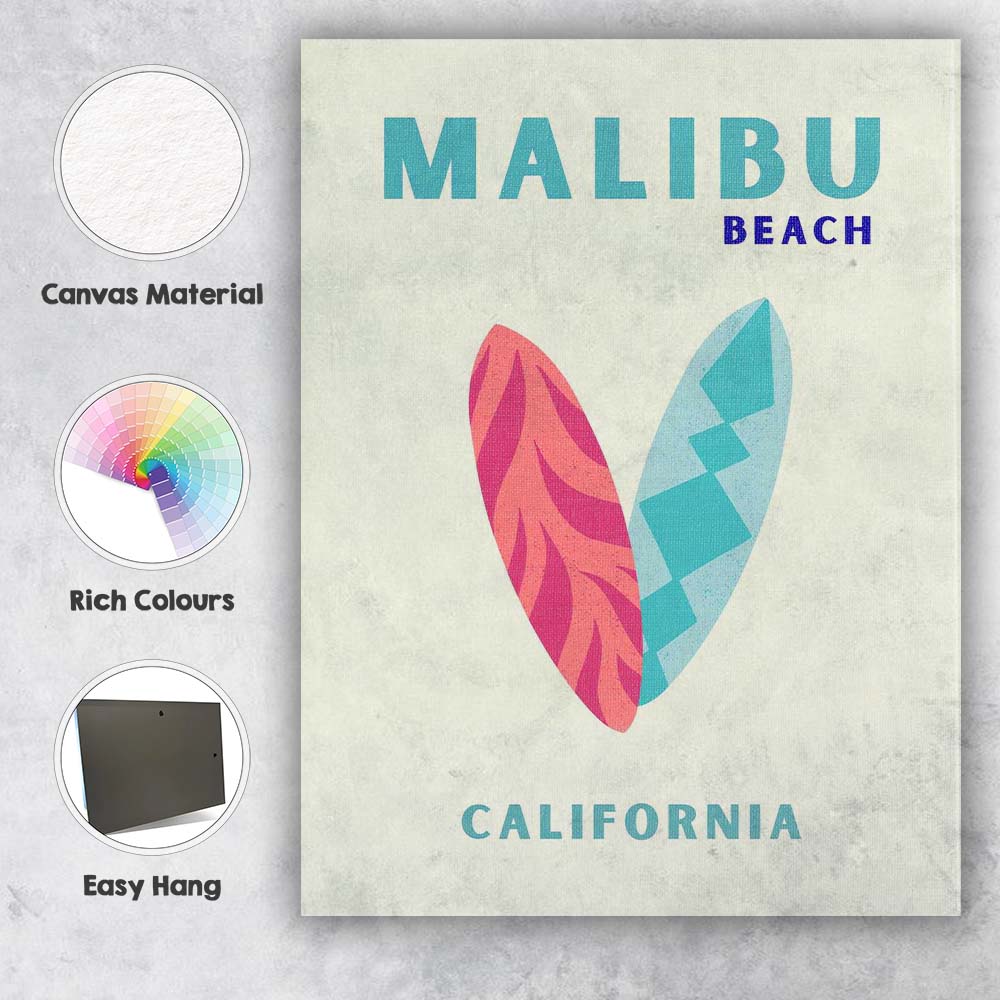 Malibu Beach California Surfboard Retro Travel Poster Canvas Wall Art Print Decor Picture Ready to Hang