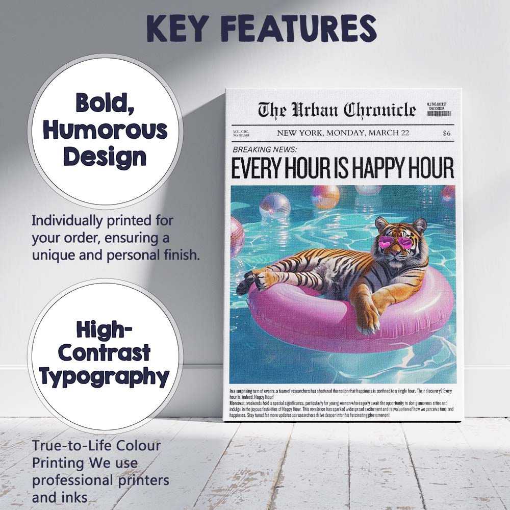 Pool Party Tiger Pink Inflatable Newspaper Collage Canvas Wall Art Print Decor Picture Ready to Hang