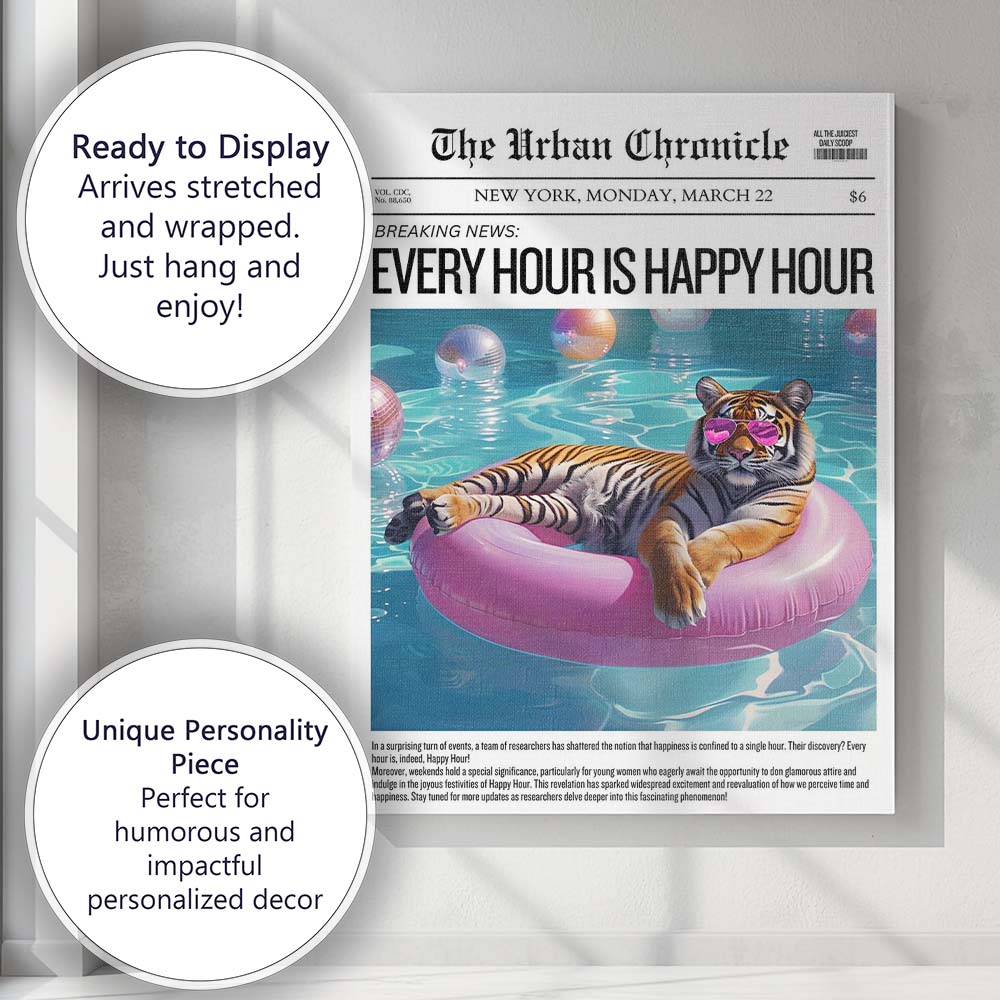 Pool Party Tiger Pink Inflatable Newspaper Collage Canvas Wall Art Print Decor Picture Ready to Hang