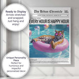 Pool Party Tiger Pink Inflatable Newspaper Collage Canvas Wall Art Print Decor Picture Ready to Hang