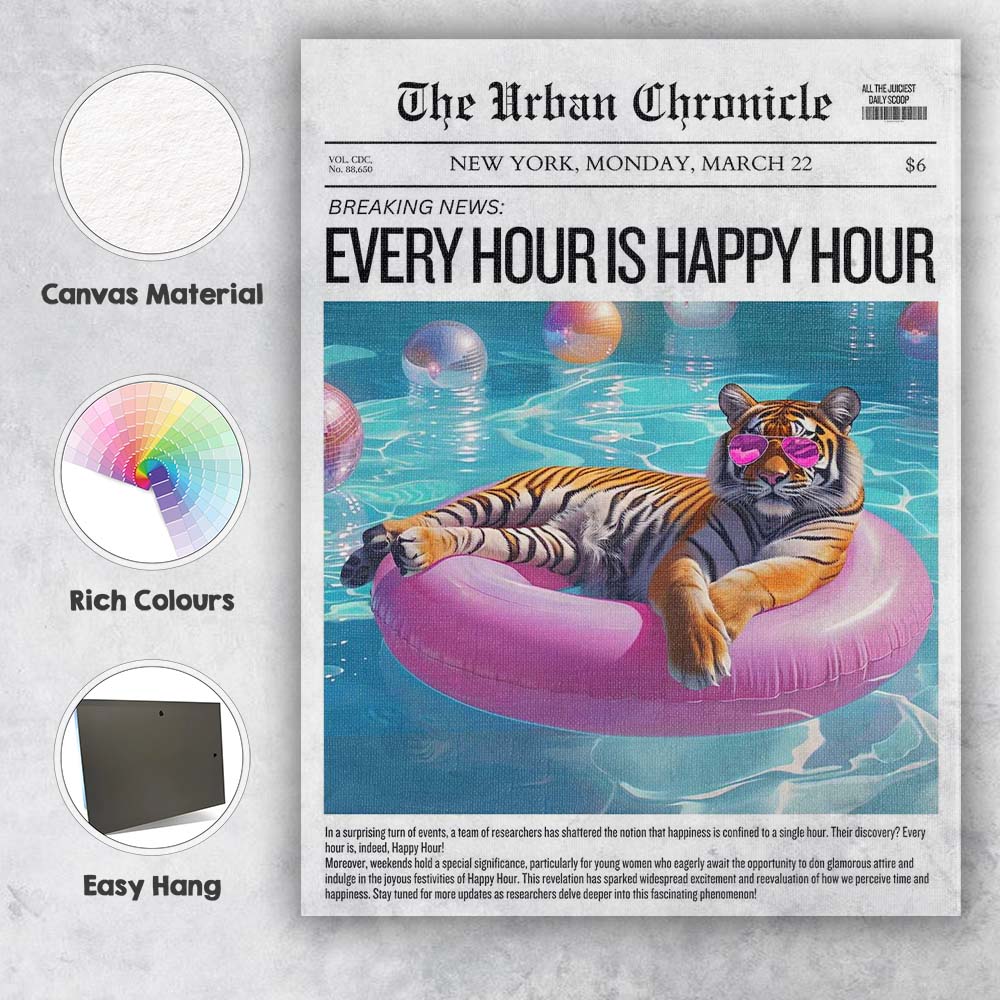 Pool Party Tiger Pink Inflatable Newspaper Collage Canvas Wall Art Print Decor Picture Ready to Hang