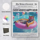 Pool Party Tiger Pink Inflatable Newspaper Collage Canvas Wall Art Print Decor Picture Ready to Hang