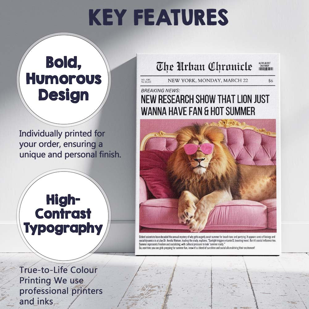 Luxury Lion Pink Sofa Newspaper Collage Canvas Wall Art Print Decor Picture Ready to Hang