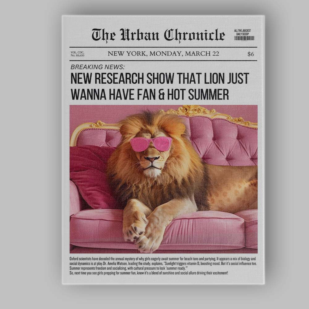 Luxury Lion Pink Sofa Newspaper Collage Canvas Wall Art Print Decor Picture Ready to Hang