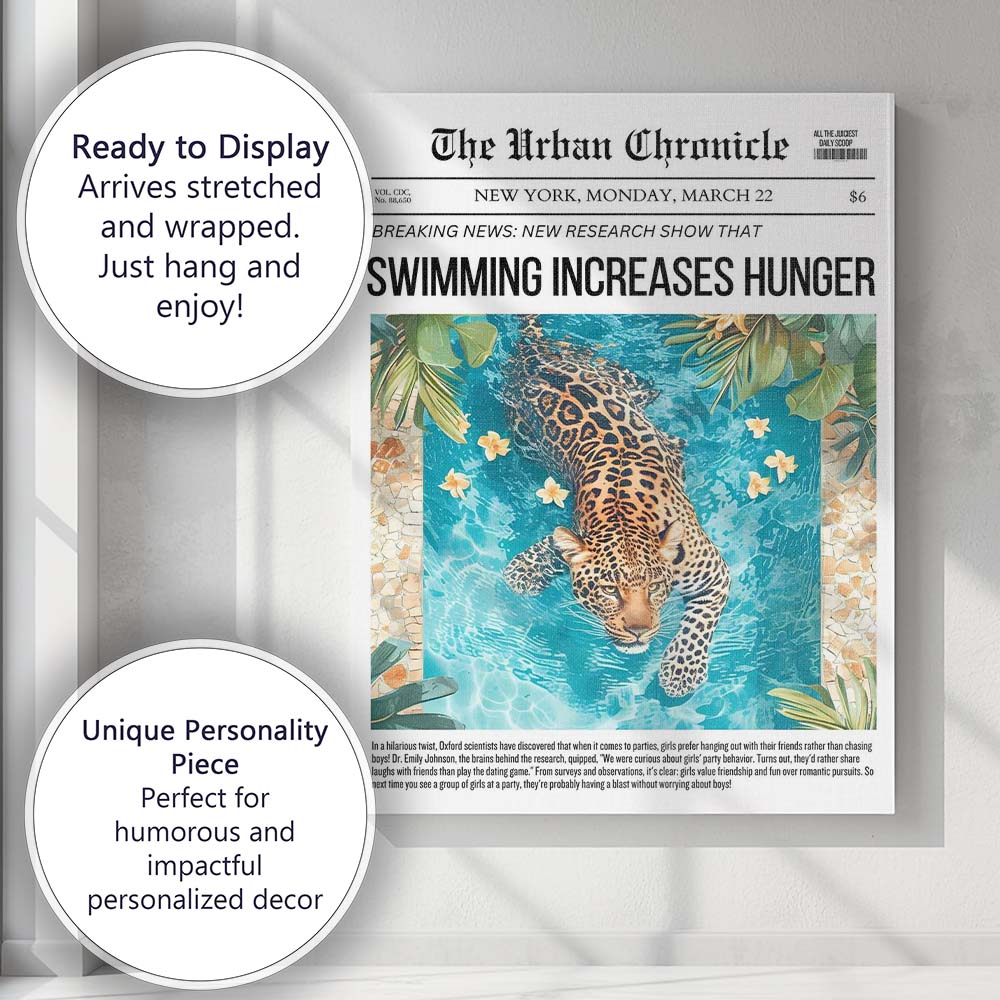 Tropical Leopard Swimming Pool Newspaper Collage Canvas Wall Art Print Decor Picture Ready to Hang