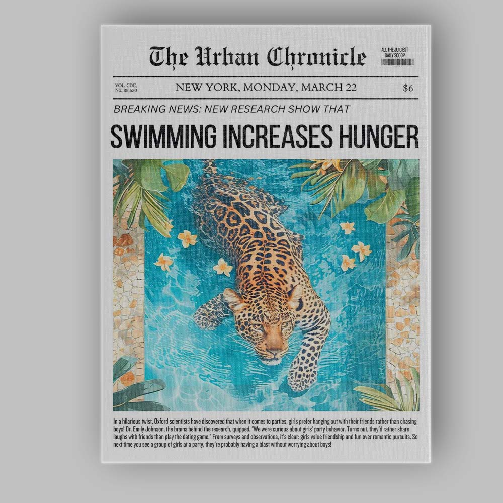 Tropical Leopard Swimming Pool Newspaper Collage Canvas Wall Art Print Decor Picture Ready to Hang
