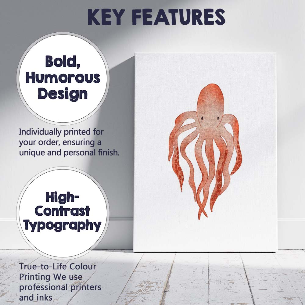Watercolour Orange Octopus Coastal Marine Illustration Canvas Wall Art Print Decor Picture Ready to Hang