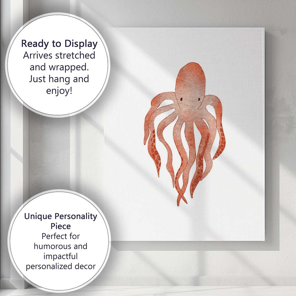 Watercolour Orange Octopus Coastal Marine Illustration Canvas Wall Art Print Decor Picture Ready to Hang