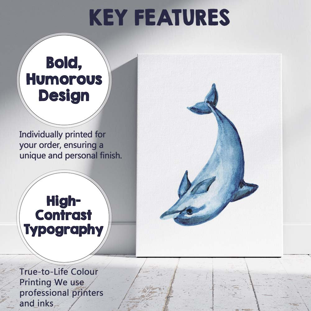 Blue Watercolour Dolphin Coastal Marine Illustration Canvas Wall Art Print Decor Picture Ready to Hang