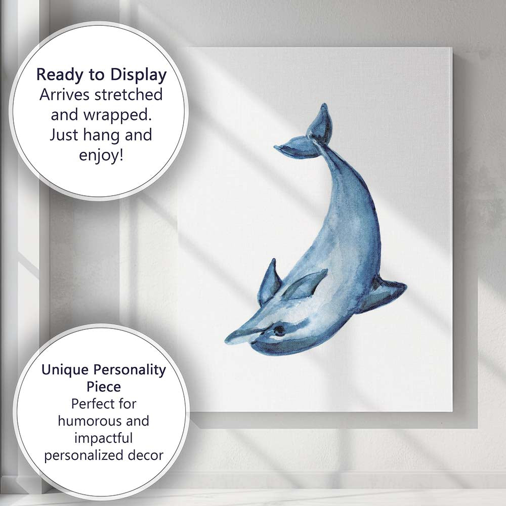 Blue Watercolour Dolphin Coastal Marine Illustration Canvas Wall Art Print Decor Picture Ready to Hang