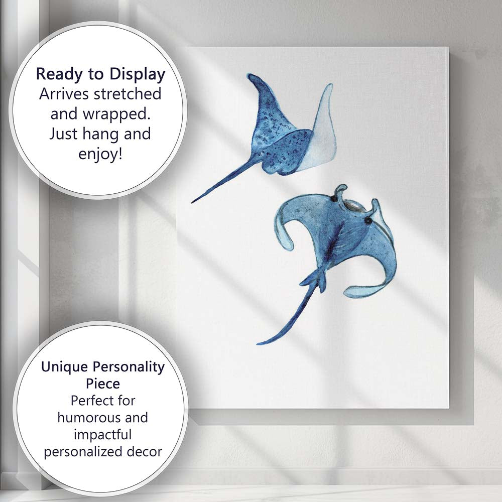 Blue Watercolour Manta Ray Pair Coastal Marine Illustration Canvas Wall Art Print Decor Picture Ready to Hang