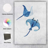Blue Watercolour Manta Ray Pair Coastal Marine Illustration Canvas Wall Art Print Decor Picture Ready to Hang