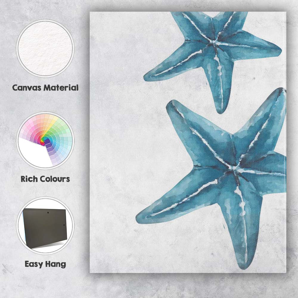 Blue Watercolour Starfish Coastal Duo Illustration Canvas Wall Art Print Decor Picture Ready to Hang