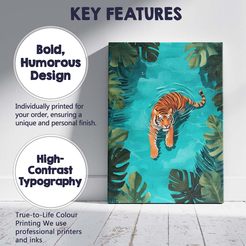 Tropical Tiger Swimming Jungle Pool Illustration Canvas Wall Art Print Decor Picture Ready to Hang