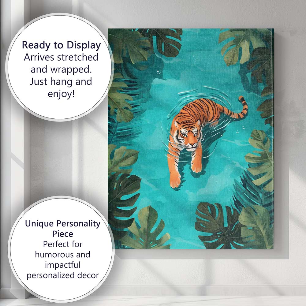 Tropical Tiger Swimming Jungle Pool Illustration Canvas Wall Art Print Decor Picture Ready to Hang