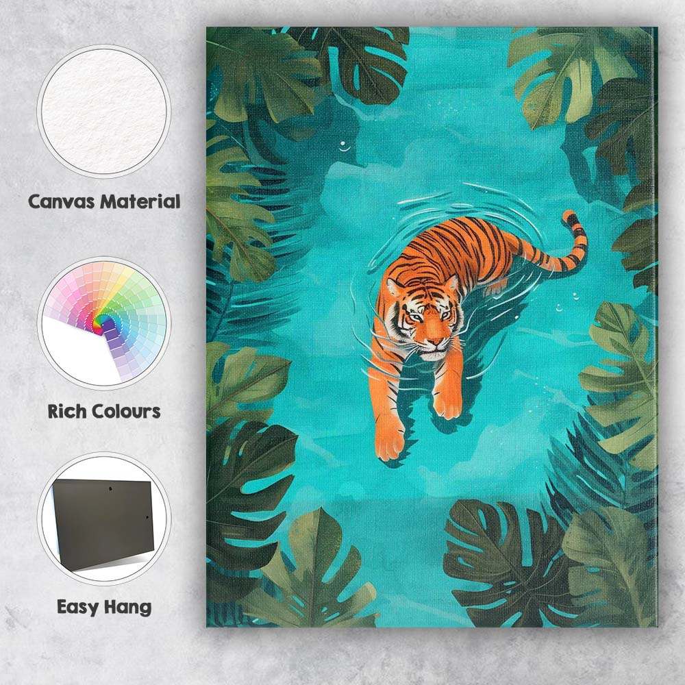 Tropical Tiger Swimming Jungle Pool Illustration Canvas Wall Art Print Decor Picture Ready to Hang
