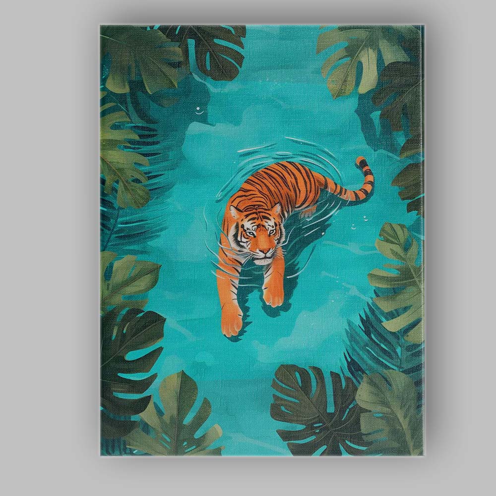 Tropical Tiger Swimming Jungle Pool Illustration Canvas Wall Art Print Decor Picture Ready to Hang