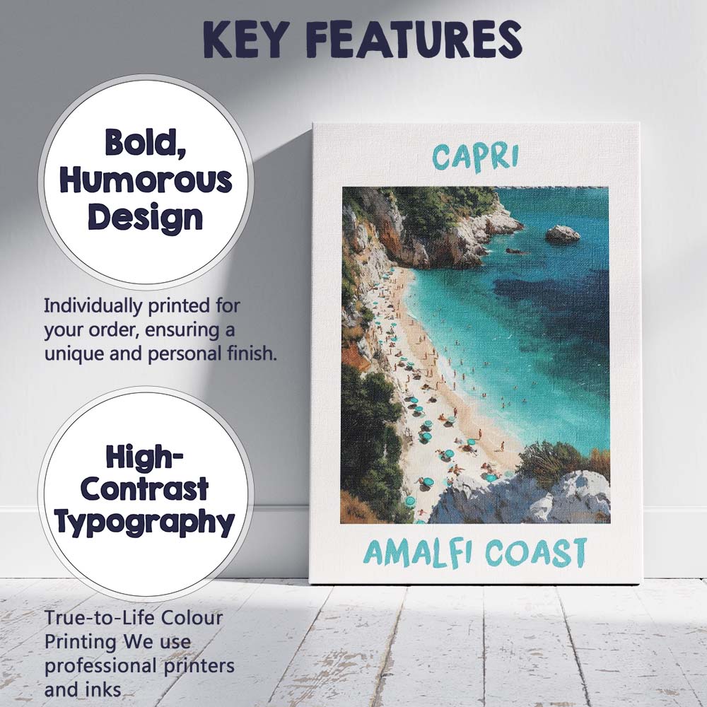 Capri Amalfi Coast Italy Scenic Beach Travel Poster Canvas Wall Art Print Decor Picture Ready to Hang