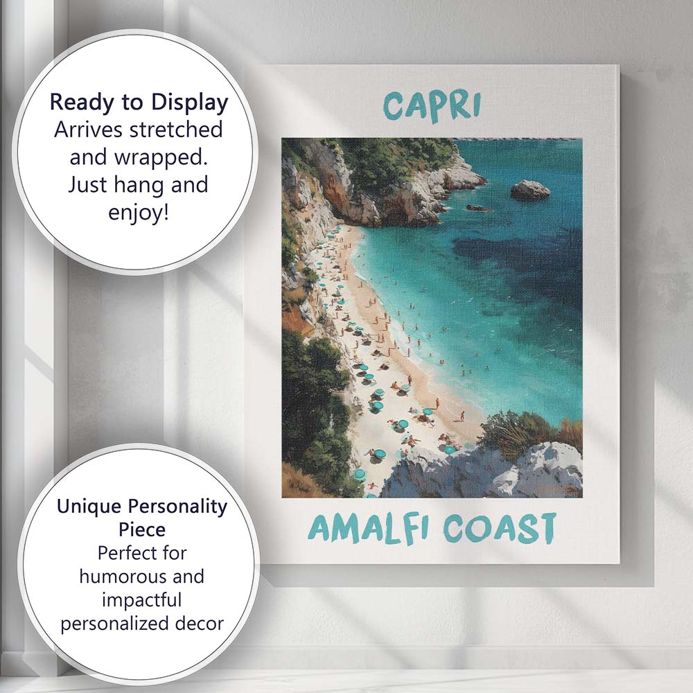 Capri Amalfi Coast Italy Scenic Beach Travel Poster Canvas Wall Art Print Decor Picture Ready to Hang