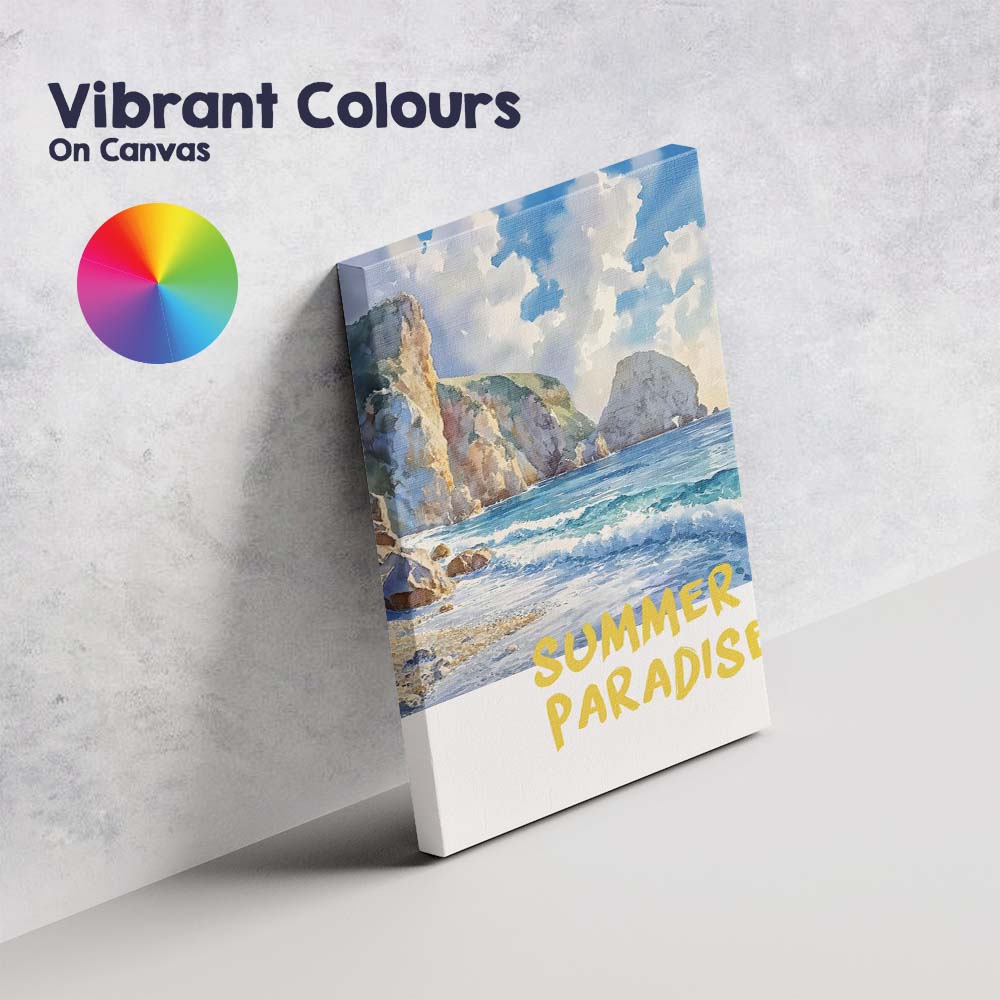 Summer Paradise Coastal Cliff Beach Watercolour Landscape Canvas Wall Art Print Decor Picture Ready to Hang