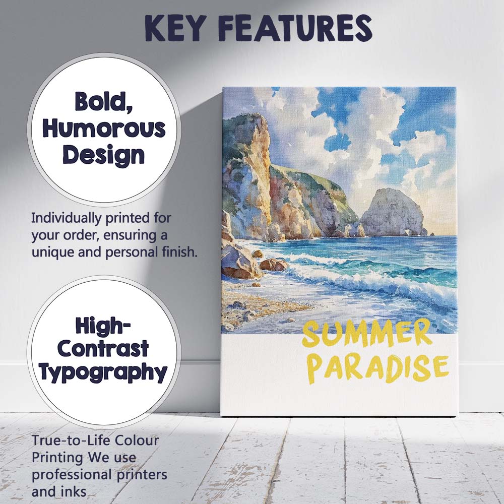 Summer Paradise Coastal Cliff Beach Watercolour Landscape Canvas Wall Art Print Decor Picture Ready to Hang