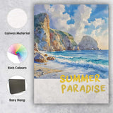 Summer Paradise Coastal Cliff Beach Watercolour Landscape Canvas Wall Art Print Decor Picture Ready to Hang