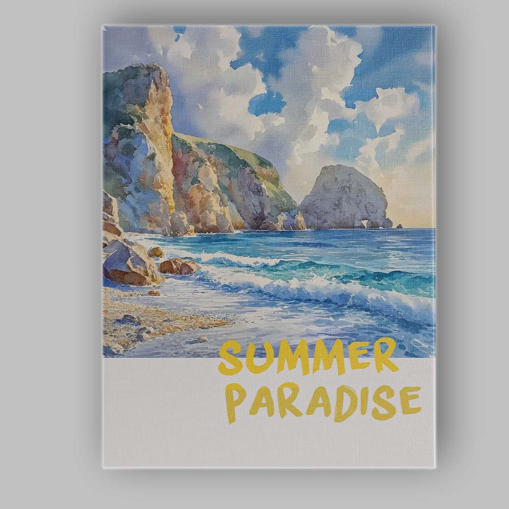 Summer Paradise Coastal Cliff Beach Watercolour Landscape Canvas Wall Art Print Decor Picture Ready to Hang