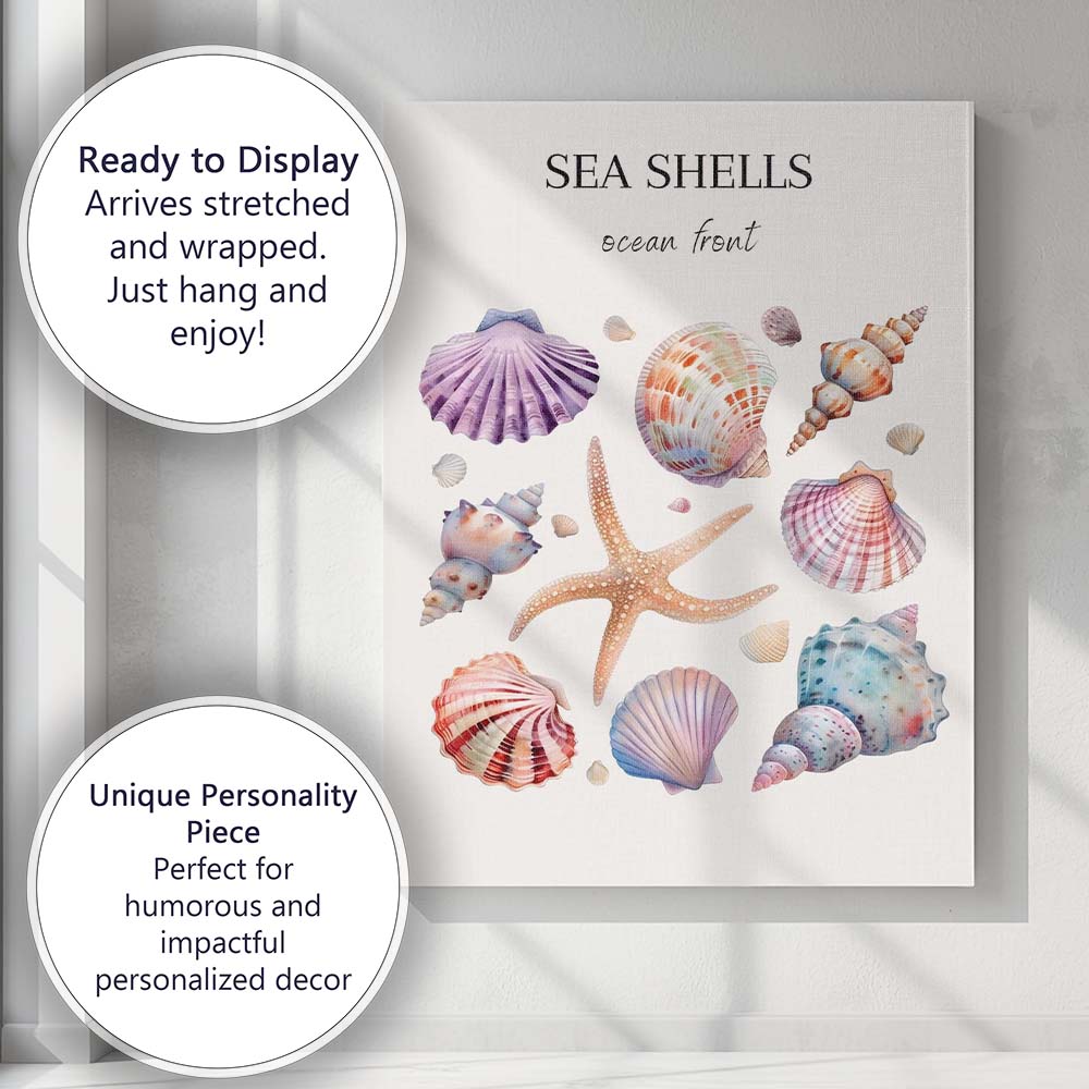 Pastel Sea Shells Ocean Front Coastal Watercolour Collection Canvas Wall Art Print Decor Picture Ready to Hang