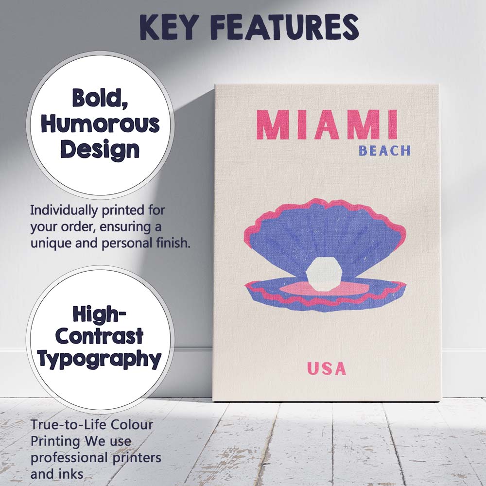 Miami Beach USA Pearl Shell Coastal Travel Poster Canvas Wall Art Print Decor Picture Ready to Hang