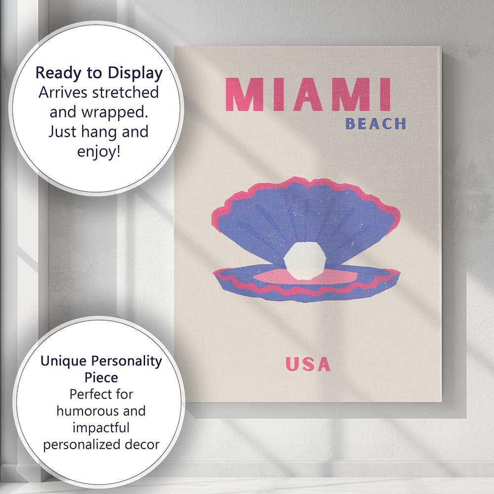 Miami Beach USA Pearl Shell Coastal Travel Poster Canvas Wall Art Print Decor Picture Ready to Hang