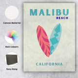 Malibu Beach California Surfboard Coastal Travel Poster Canvas Wall Art Print Decor Picture Ready to Hang