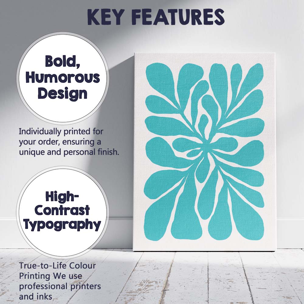 Minimalist Turquoise Abstract Floral Cutout Design Canvas Wall Art Print Decor Picture Ready to Hang