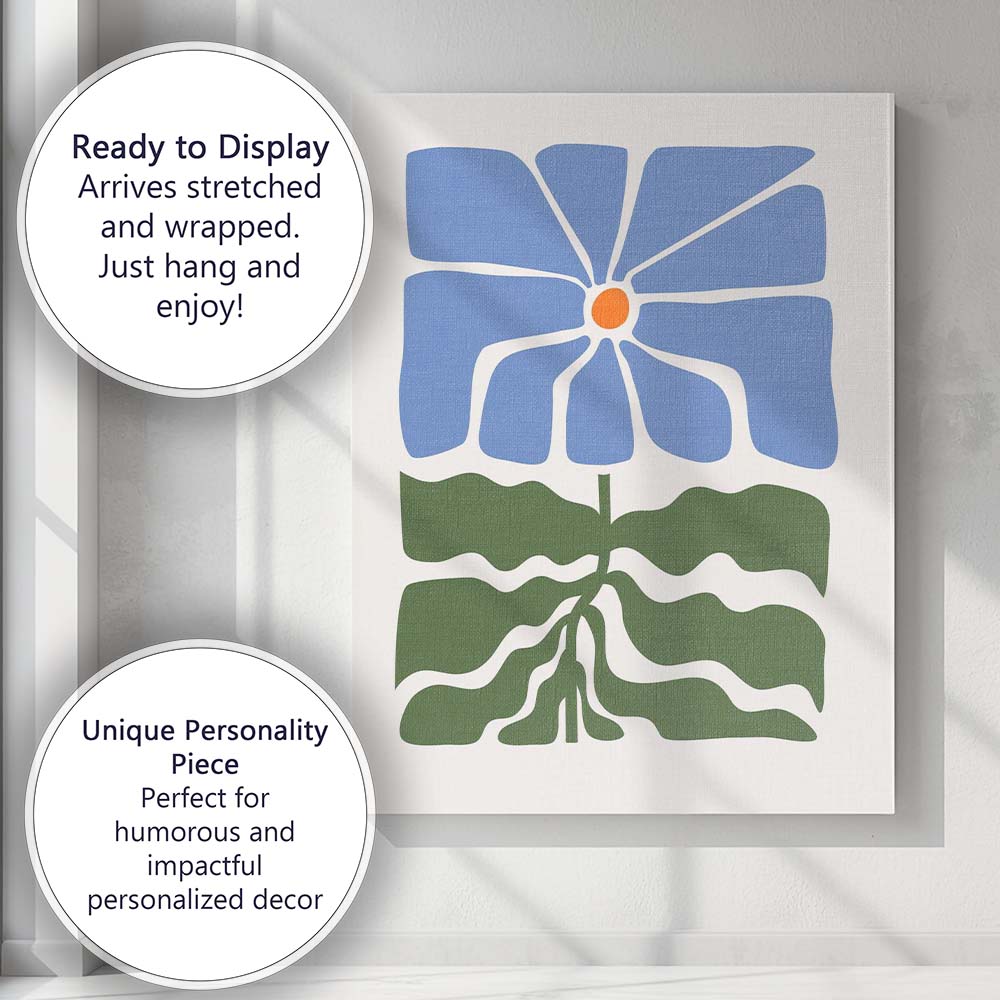 Scandinavian Blue Flower Green Leaves Minimalist Illustration Canvas Wall Art Print Decor Picture Ready to Hang