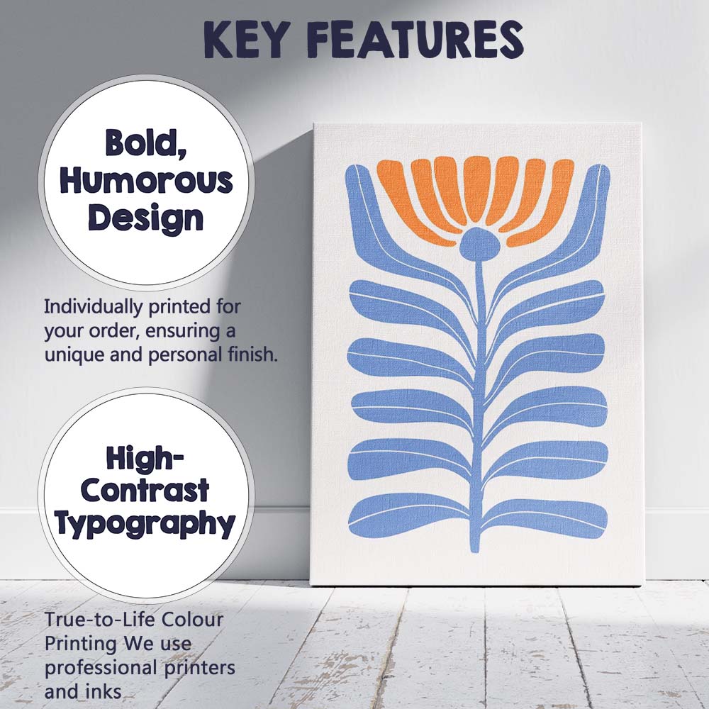Mid Century Blue Orange Botanical Floral Illustration Canvas Wall Art Print Decor Picture Ready to Hang