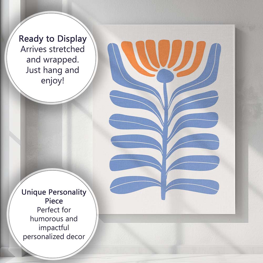 Mid Century Blue Orange Botanical Floral Illustration Canvas Wall Art Print Decor Picture Ready to Hang