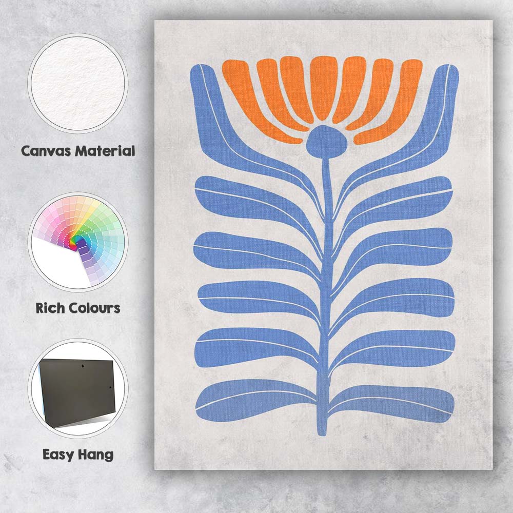 Mid Century Blue Orange Botanical Floral Illustration Canvas Wall Art Print Decor Picture Ready to Hang