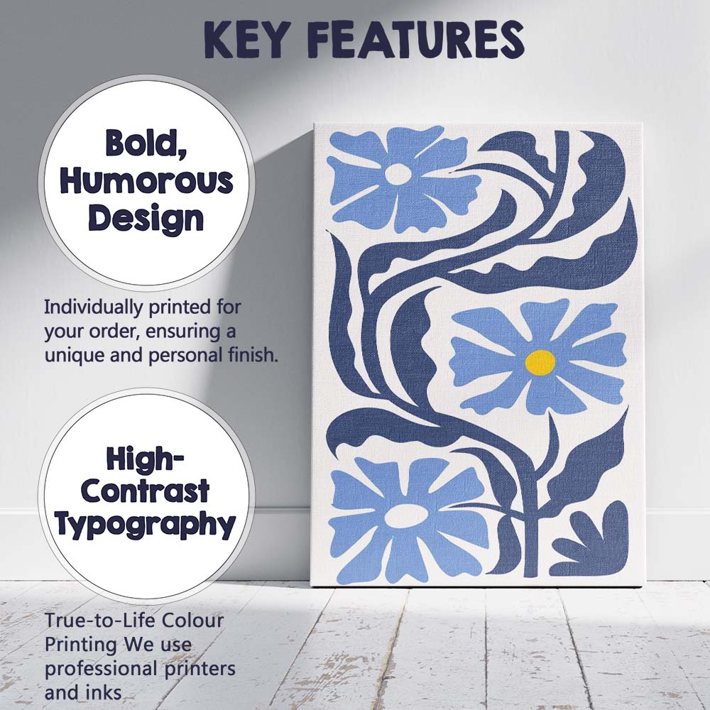 Modern Blue Floral Vine Botanical Abstract Illustration Canvas Wall Art Print Decor Picture Ready to Hang