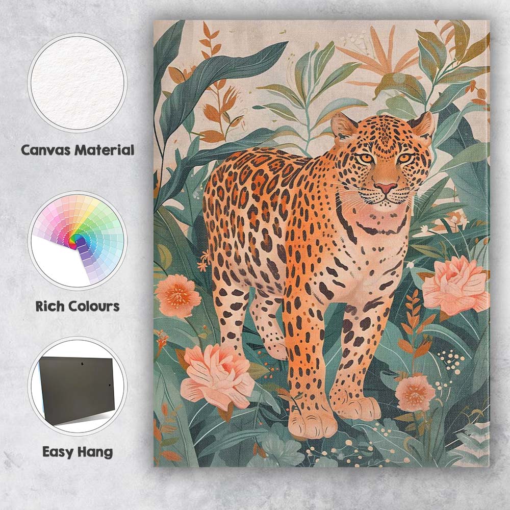 Botanical Leopard Jungle Floral Wildlife Illustration Canvas Wall Art Print Decor Picture Ready to Hang