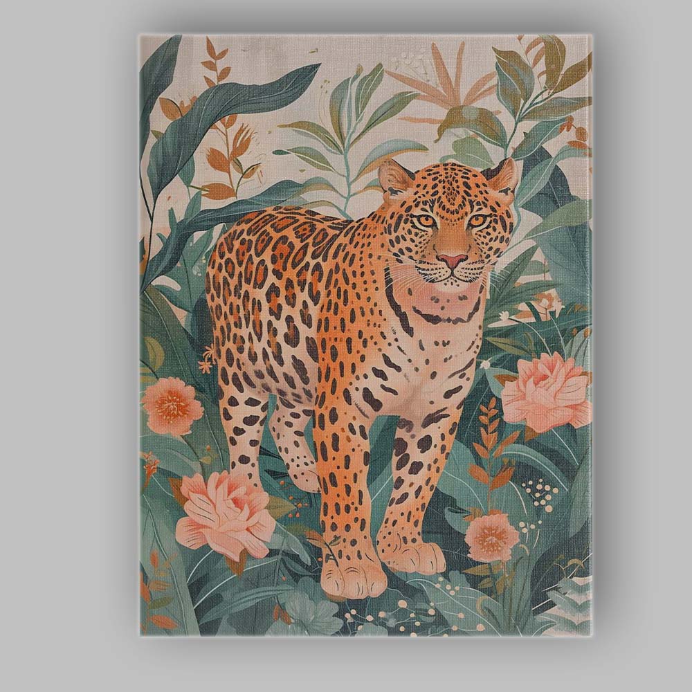 Botanical Leopard Jungle Floral Wildlife Illustration Canvas Wall Art Print Decor Picture Ready to Hang
