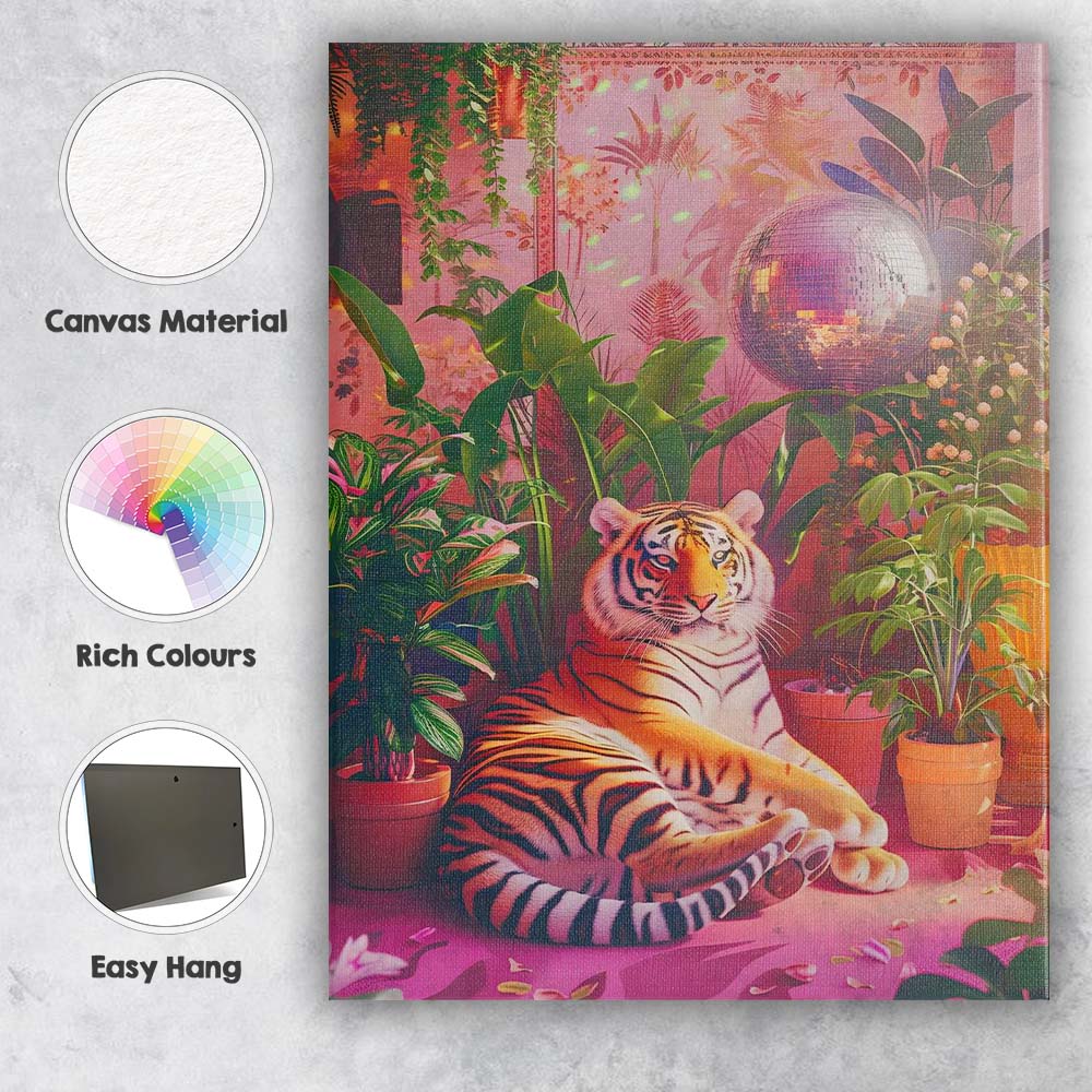 Tropical Indoor Tiger Disco Ball Botanical Interior Canvas Wall Art Print Decor Picture Ready to Hang